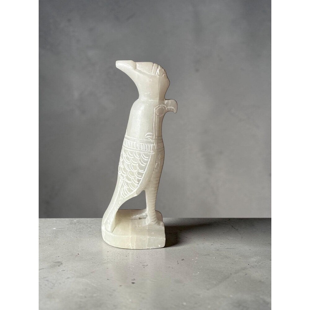 Hand Carved White Alabaster Horus Falcon Statue, Ancient Egyptian Bird Decor 6’’